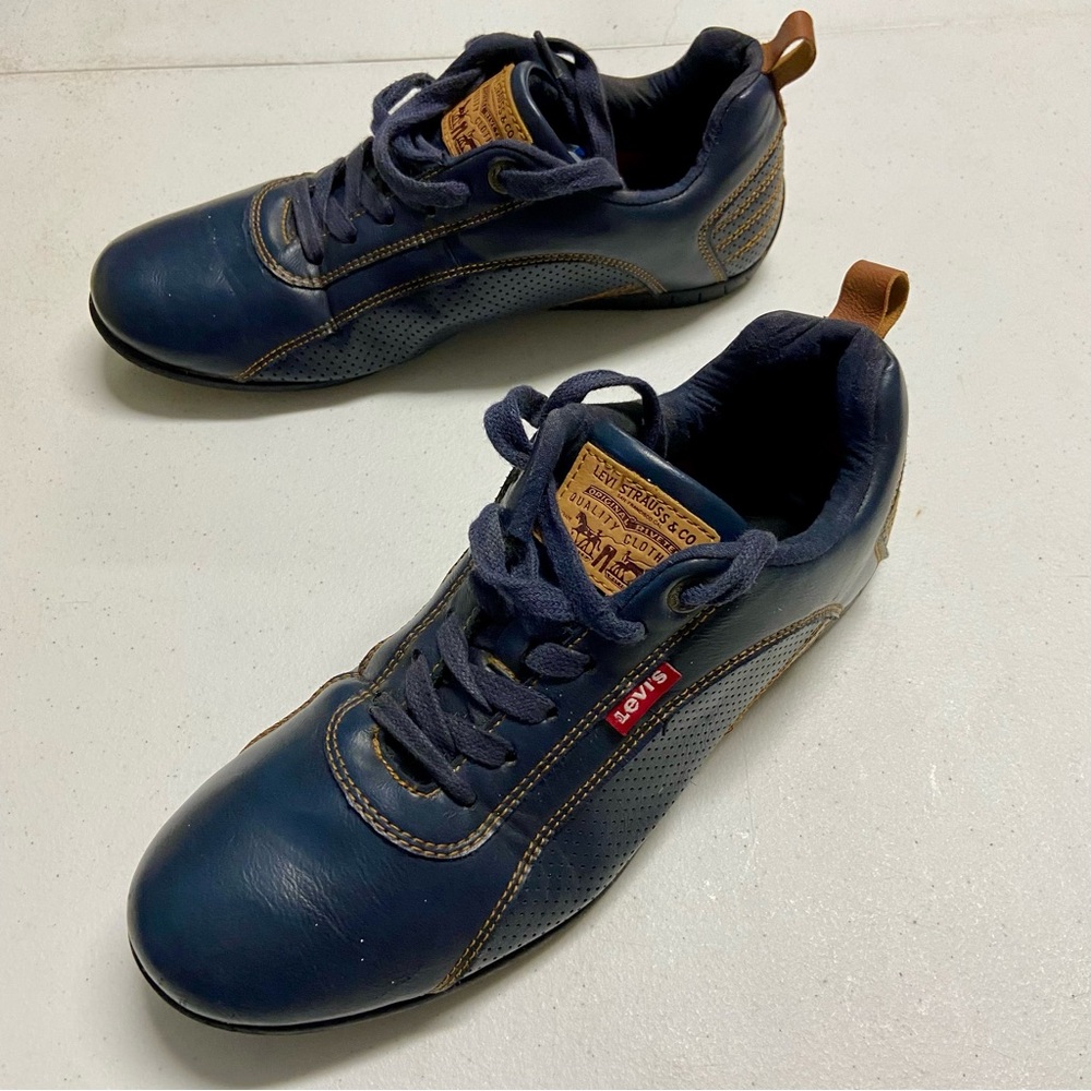 Levis Navy Blue Faux Leather Denim Men’s Sz 9 Shoes Sneakers Western Stitch